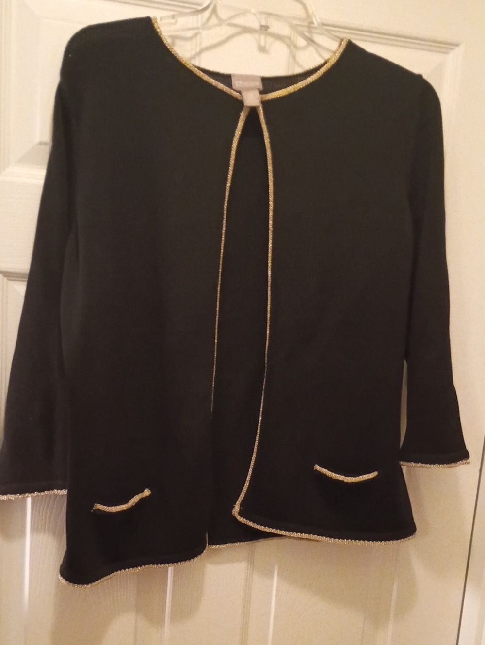 Chico's Black Open-Front Cardigan with Gold Trim